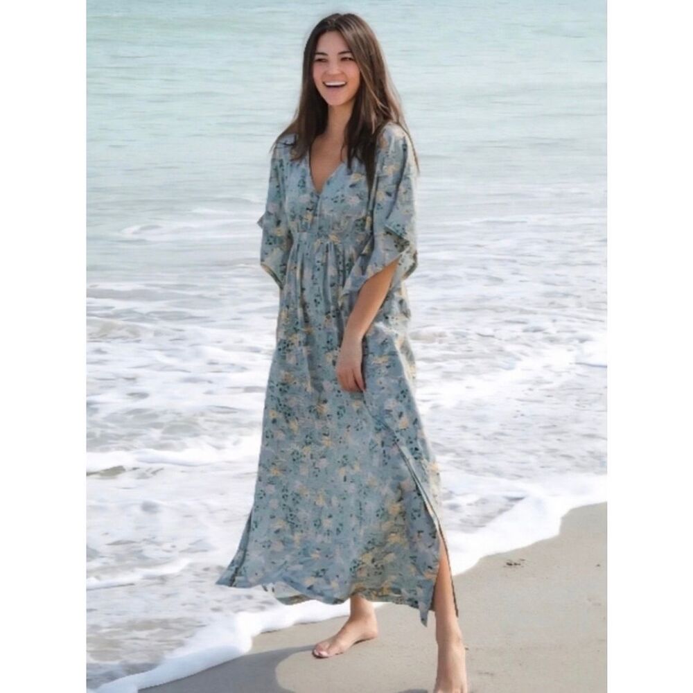 Natural Life Sanibel Kaftan Maxi Dress Green Floral Size M